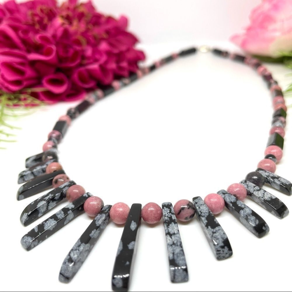 ⚜️RHODONITE SNOWFLAKE OBSIDIAN & ONYX Art Deco Stone Necklace - Picture 6 of 16